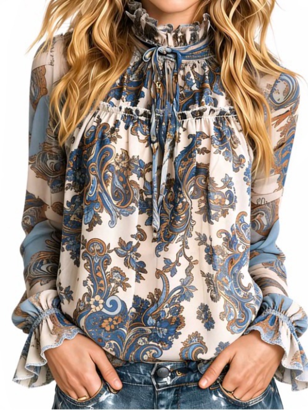Boho Paisley Tie-Neck Blouse in Blue & Cream